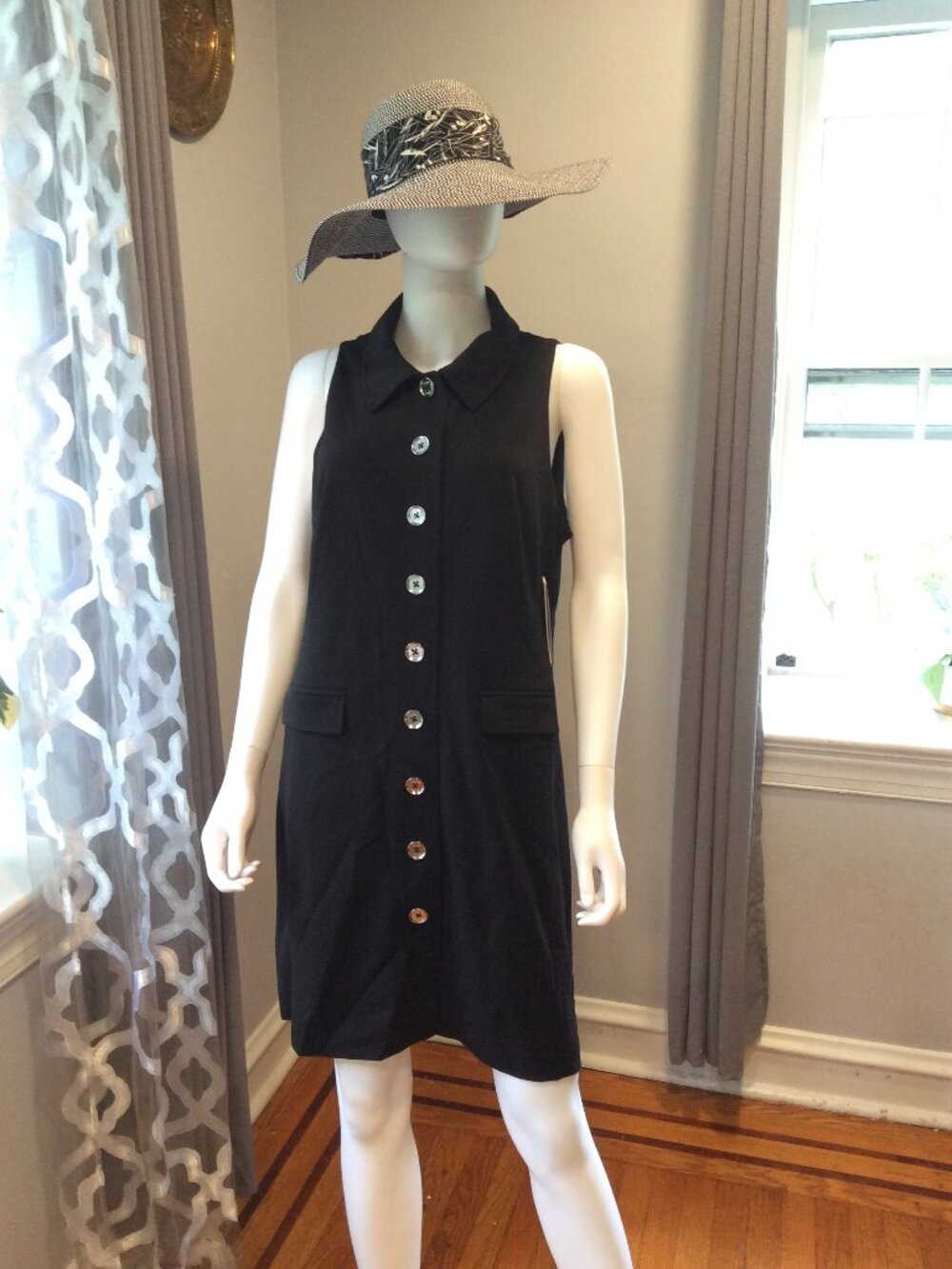 DKNY Black Sleeveless Button Front Midi Dress